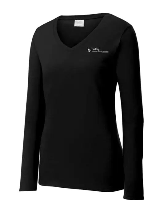 Womens V-Neck Ring Spun Jet Black 4.5 oz Long Sleeve T-Shirt w/Berkley RSS logo