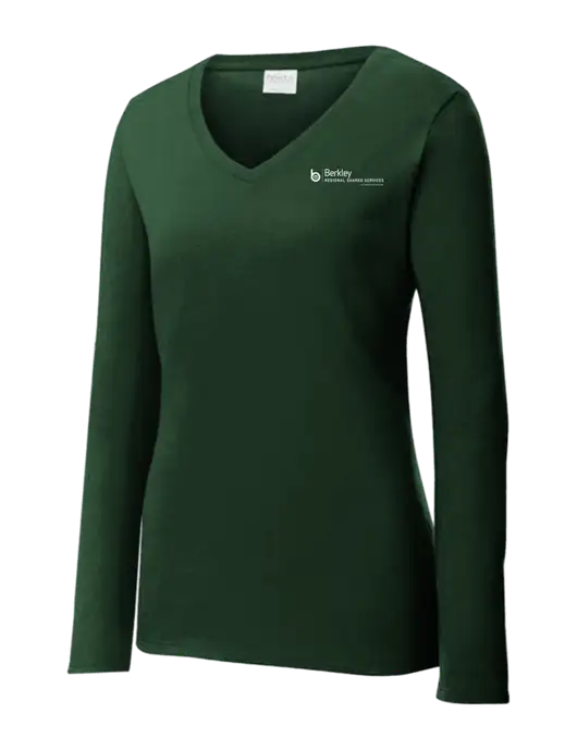 Womens  V-Neck Ring Spun Forest Green 4.5 oz Long Sleeve T-Shirt w/Berkley RSS logo