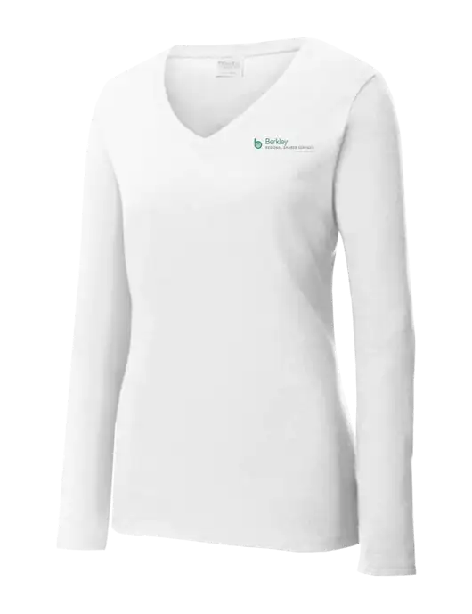 Womens  V-Neck Ring Spun White 4.5 oz Long Sleeve T-Shirt w/Berkley RSS logo