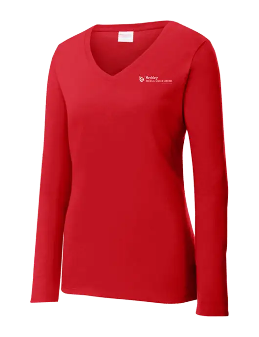 Womens  V-Neck Ring Spun Bright Red 4.5 oz Long Sleeve T-Shirt w/Berkley RSS logo