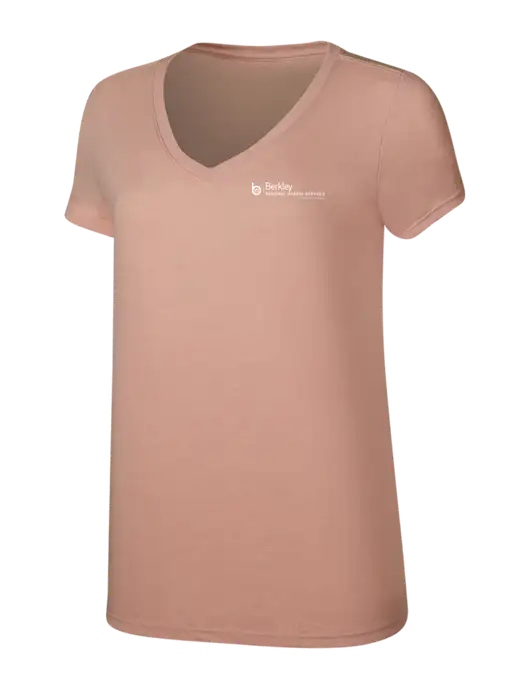 Womens Simply Soft V-Neck Heather Dusty Peach 4.5oz  Poly/Combed Ring Spun Cotton T-Shirt w/Berkley RSS logo