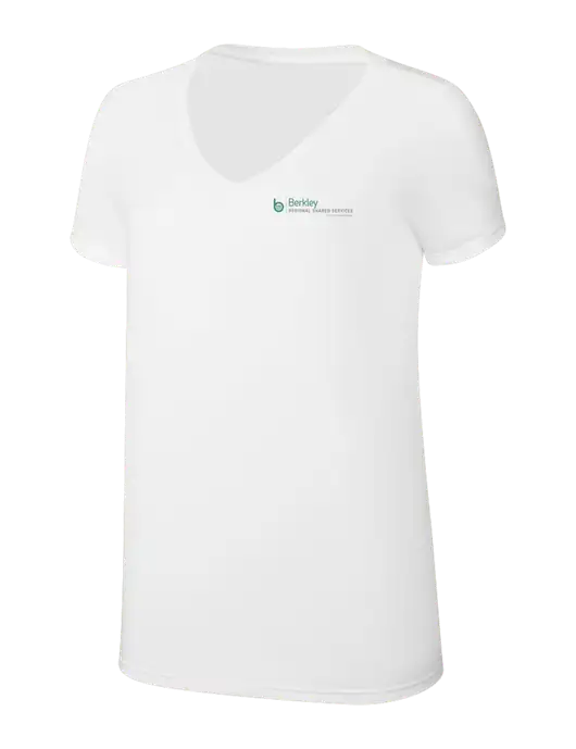 Womens Simply Soft V-Neck White 4.5oz  Poly/Combed Ring Spun Cotton T-Shirt w/Berkley RSS logo