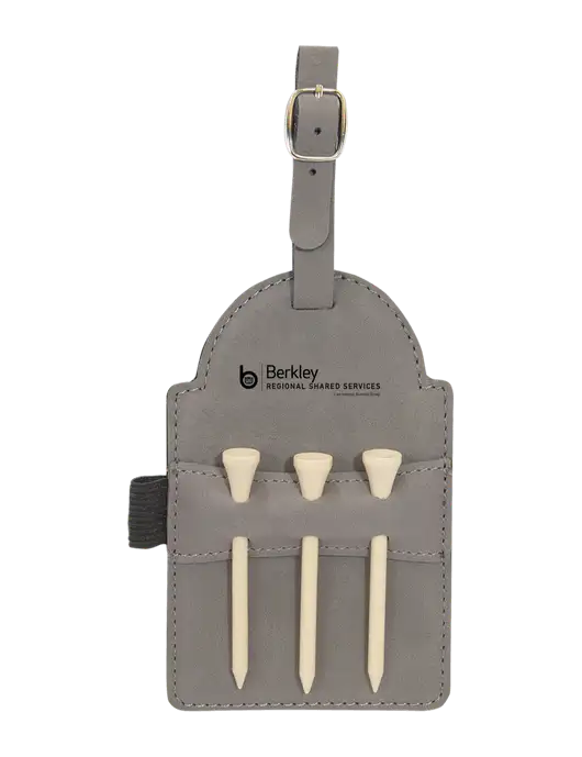 Grey Leatherette Golf Bag Tag with 3 Wooden Tees w/Berkley RSS logo
