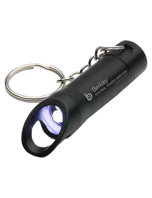 Black Pocket LED Flashlight with Bottle Opener & Keychain w/Berkley RSS logo