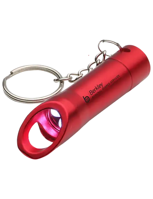 Red Pocket LED Flashlight with Bottle Opener & Keychain w/Berkley RSS logo
